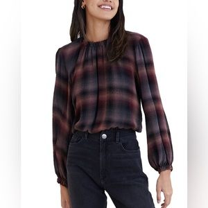 Bella Dahl smocked neck pullover in pucker plaid